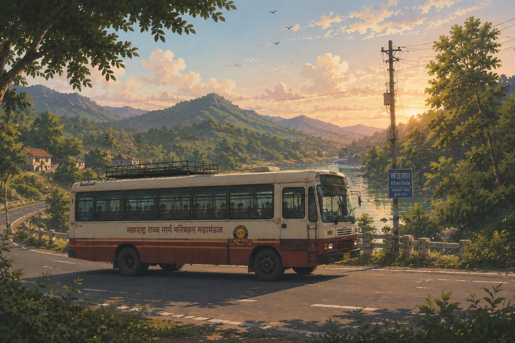 Maharashtra ST bus at sunset overlooking Khandala ghat mountains and river