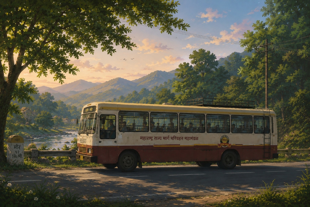Maharashtra ST bus driving through lush green hills near Bhor during golden hour