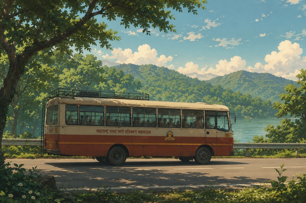 Maharashtra ST bus by a tranquil mountain lake on a clear sunny day
