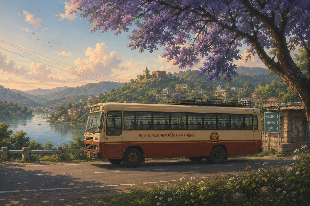 Maharashtra ST bus under blooming purple jacaranda trees beside scenic valley