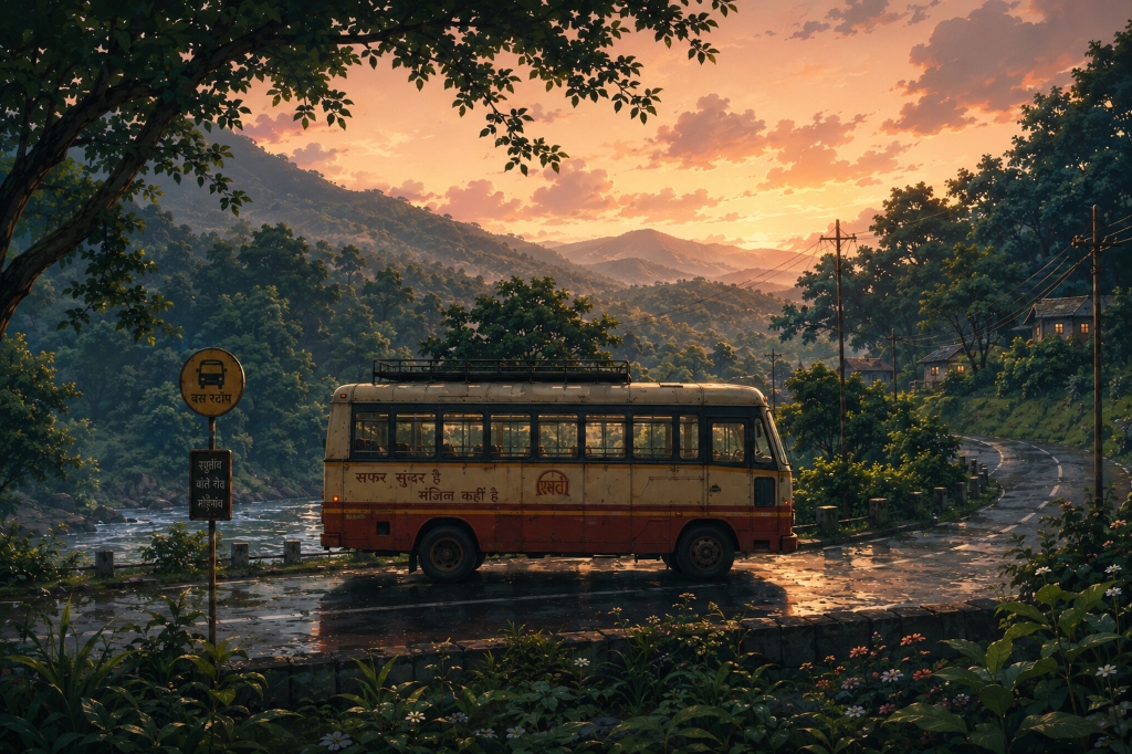 A vintage Indian bus parked by a river next to a bus stop sign at sunset